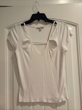 Express White Short Sleeve V-Neck Top with Cutout Strap Detail